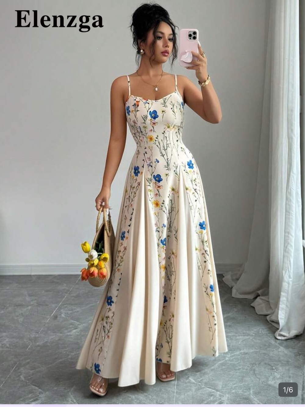 Cream Floral Spaghetti-Strap Maxi Dress